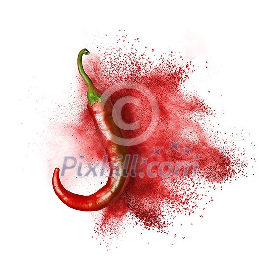 red hot chili peppers with red powder explosion isolated on white
