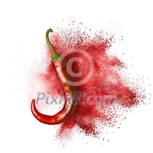 red hot chili peppers with red powder explosion isolated on white red hot chili peppers with red powder explosion isolated on white