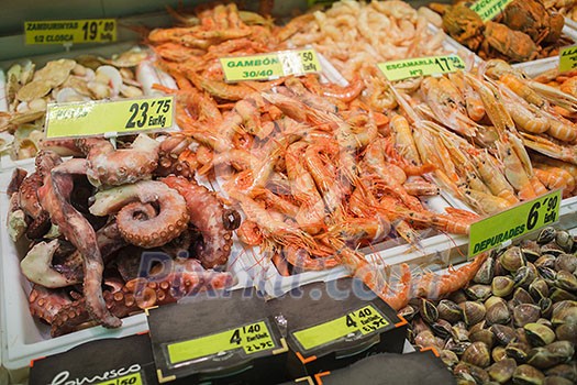 A vast array of fish awaits the shopper market in Barcelona, Spain