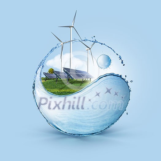 Windmill and solar panels on the field in yin yang shape water splash against blue sky background. Ecology concept of clean world used only sustainable green energy. Windmill and solar panels on the field in yin yang shape water splash against blue sky background. Ecology concept of clean world used only sustainable green energy.
