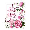 Present card with I love you slogan over white background. Valentine's card decorated with pink roses and flowers. Valentine's concept.