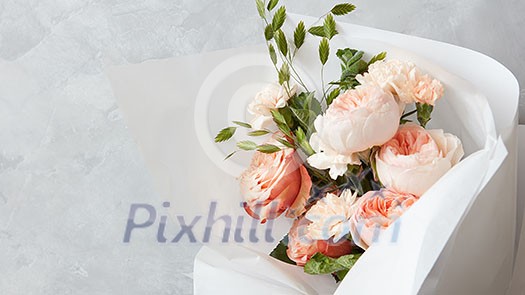 Close up view of white and pink flowers bouquet for the wedding ceremony Close up view of white and pink flowers bouquet for the wedding ceremony