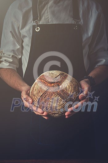 Man hands holding round dark bread, blurred background Man hands holding round dark bread, blurred background