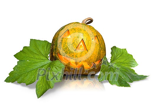 halloween pumpkin with leaves isolated on white