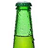 Green beer bottle with water drops isolated on white