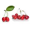red cherry with leaves isolated on white