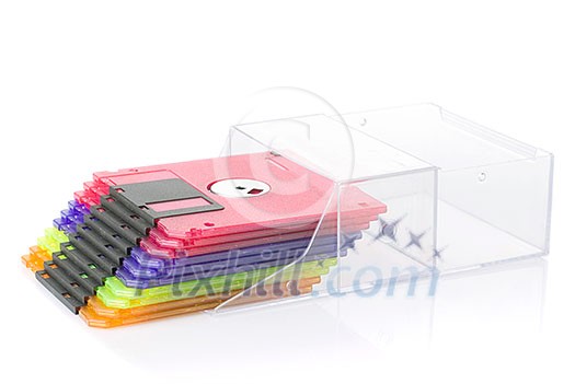 Color floppy disks in box isolated on white Color floppy disks in box isolated on white