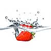 Fresh strawberry dropped into blue water with splash isolated on white
