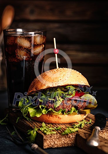 Delicious homemade hamburger with arugula and chard. VIntage toned. Delicious homemade hamburger with arugula and chard. VIntage toned.