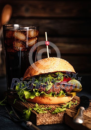 Delicious homemade hamburger with arugula and chard.  VIntage toned.