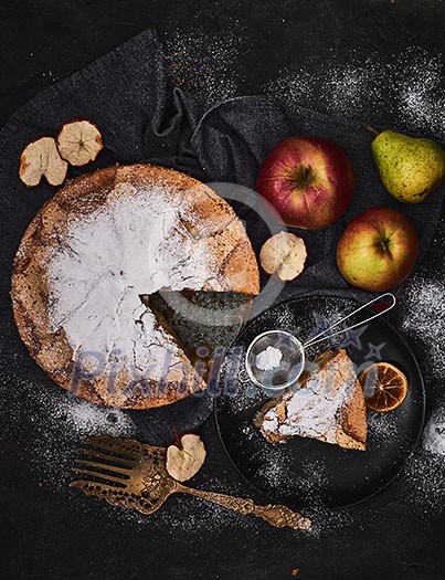 Homemade Apple Pie Dessert Ready to Eat served on a dark table. Retro vintage rustic style. Homemade Apple Pie Dessert Ready to Eat served on a dark table. Retro vintage rustic style.