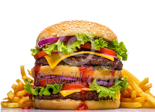 Classic double burger with fresh tomatoes, lettuce, onion and cheese. Hamburger with fried potatoes on a white background.