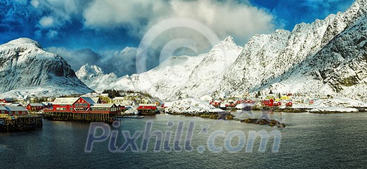 Panorama of fisherman village called A Lofoten on Lofoten Islands at dawn, Norway