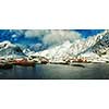 Panorama of fisherman village called A Lofoten on Lofoten Islands at dawn, Norway