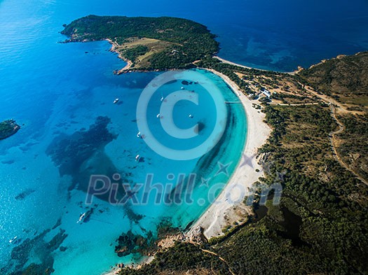 Aerial View of the Splendid Rondinara Beach, Corsica, France Aerial View of the Splendid Rondinara Beach, Corsica, France