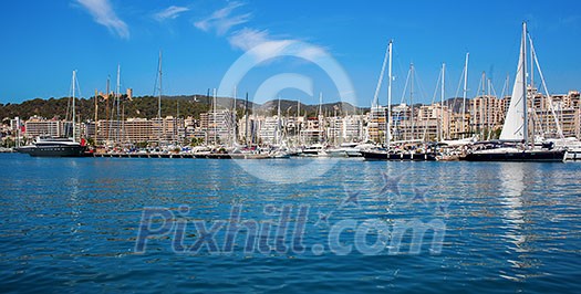 Beautiful sea views with boats, yachts and Palma de Mallorca on the horizon, Majorca, Balearic Islands, Spain Beautiful sea views with boats, yachts and Palma de Mallorca on the horizon, Majorca, Balearic Islands, Spain