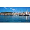 Beautiful sea views with boats, yachts and Palma de Mallorca on the horizon, Majorca, Balearic Islands, Spain