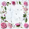 Frame of spring flowers on a white marble background with space for text