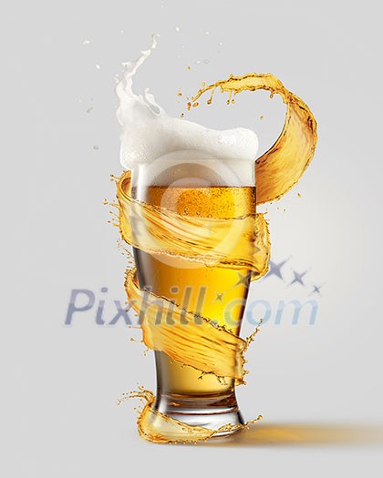 A cold glass of beer and a splash around it isolated on a gray background