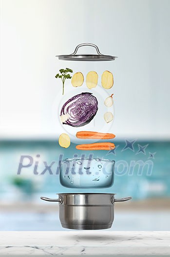 Flying ingredients for cooking vegetables, broth or soup with pots, water on a blurred kitchen background. Healthy concept of vegetarian food. Flying ingredients for cooking vegetables, broth or soup with pots, water on a blurred kitchen background. Healthy concept of vegetarian food.