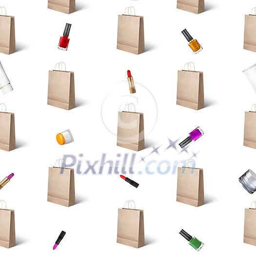 pattern from female cosmetics lipstick , nail polish, cream and paper bags on a beige background