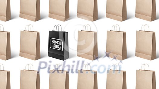 on white background many paper bags, black Friday