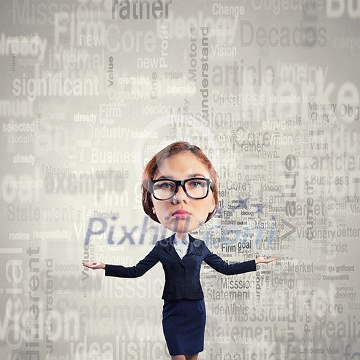 Funny young businesswoman with big head wearing glasses