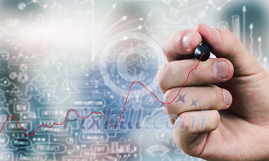 Close up of businessman drawing increasing graph with marker on media screen Close up of businessman drawing increasing graph with marker on media screen