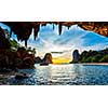 Tropical holidays beach vacation in Thailand tourism concept - panorama of Pranang beach on sunset. Railay , Krabi Province Thailand