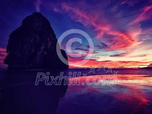 Vintage retro effect filtered hipster style image of tropical vacation holidays sunset resort beach. Pranang beach. Railay , Krabi Province Thailand
