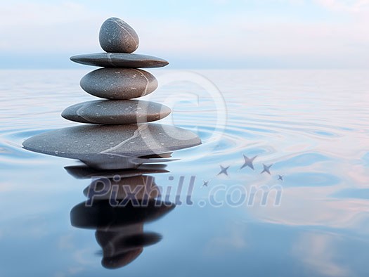 3d rendering of Zen stones in water with reflection - peace balance meditation relaxation concept