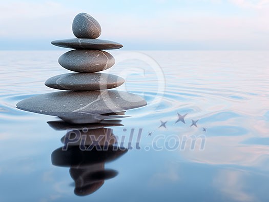 3d rendering of Zen stones in water with reflection - peace balance meditation relaxation concept 3d rendering of Zen stones in water with reflection - peace balance meditation relaxation concept