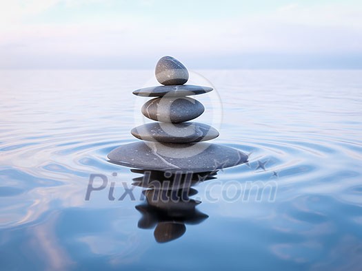 3d rendering of Zen stones in water with reflection - peace balance meditation relaxation concept