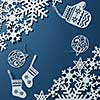 Background for Christmas card with snowflakes and decorations on blue background