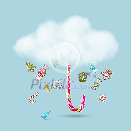 Cloud and rain of candy and gingerbread cookies on a blue background