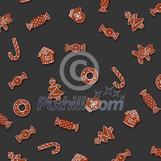 homemade set of various shaped christmas gingerbread cookies on grey background