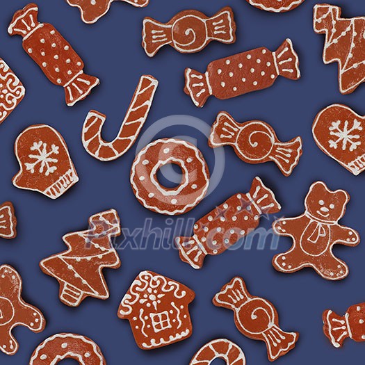homemade various christmas gingerbread cookies on a blue background