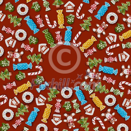 square frame of gingerbread cookies on a brown background