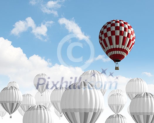 Conceptual image with balloons flying high in sky