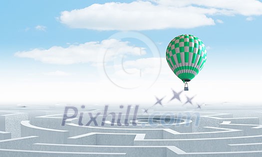 Conceptual image with balloons flying high in sky