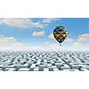 Conceptual image with balloons flying high in sky