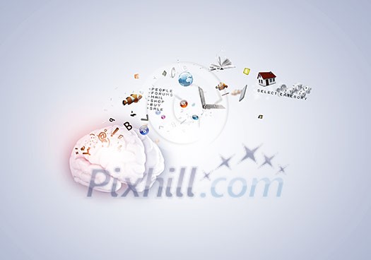 Conceptual image of human brain and media icons Conceptual image of human brain and media icons