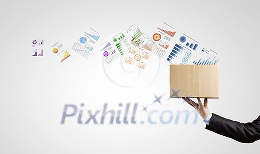 Man holding carton box with graphs and diagrams flying out