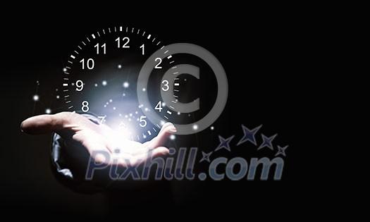 Close up of businessman hand holding clock icon in palm Close up of businessman hand holding clock icon in palm