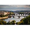 Prague with its splendid bridges over the Vltava river, city sunset panorama, Czech Republic