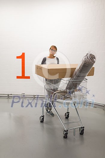 Pretty, young woman choosing the right furniture for her apartment in a modern home furnishings store - with a trolley, done shopping, leaving the store, going home with the purchased goods(color toned image; shallow DOF) Pretty, young woman choosing the right furniture for her apartment in a modern home furnishings store - with a trolley, done shopping, leaving the store, going home with the purchased goods(color toned image; shallow DOF)