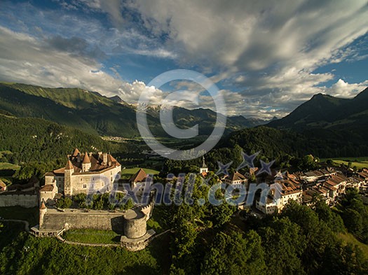 Beautiful view of the medieval town of Gruyeres, home to the world-famous Le Gruyere cheese, canton of Fribourg, Switzerland Beautiful view of the medieval town of Gruyeres, home to the world-famous Le Gruyere cheese, canton of Fribourg, Switzerland