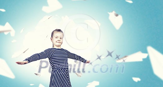 Cute girl and paper planes flying aound