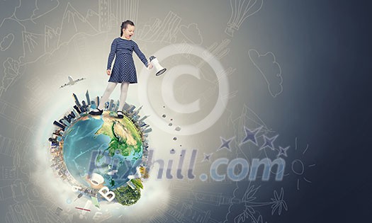 Cute girl of school age screaming in megaphone. Elements of this image are furnished by NASA Cute girl of school age screaming in megaphone. Elements of this image are furnished by NASA
