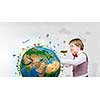 Cute boy wearing red bowtie exploring planet. Elements of this image are furnished by NASA